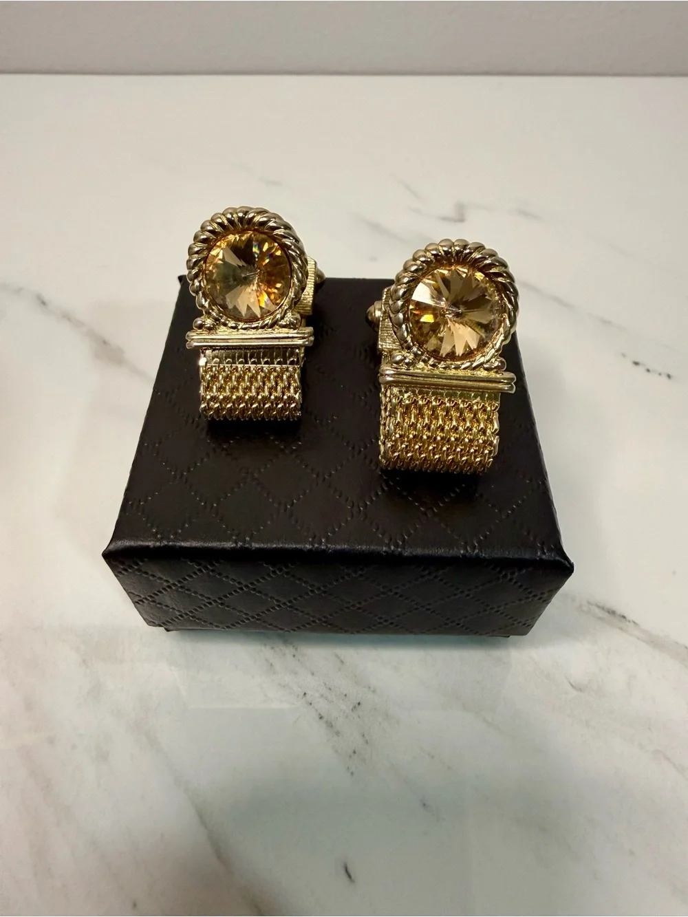 Gold Tone Mesh Cufflinks with Faceted Crystal Accent